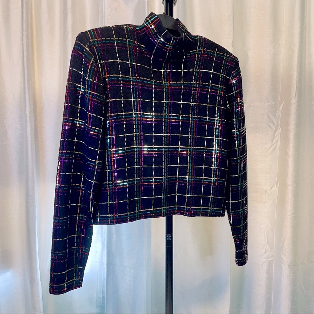Vintage St. John evening top, size 6, long sleeve, black with metallic detail